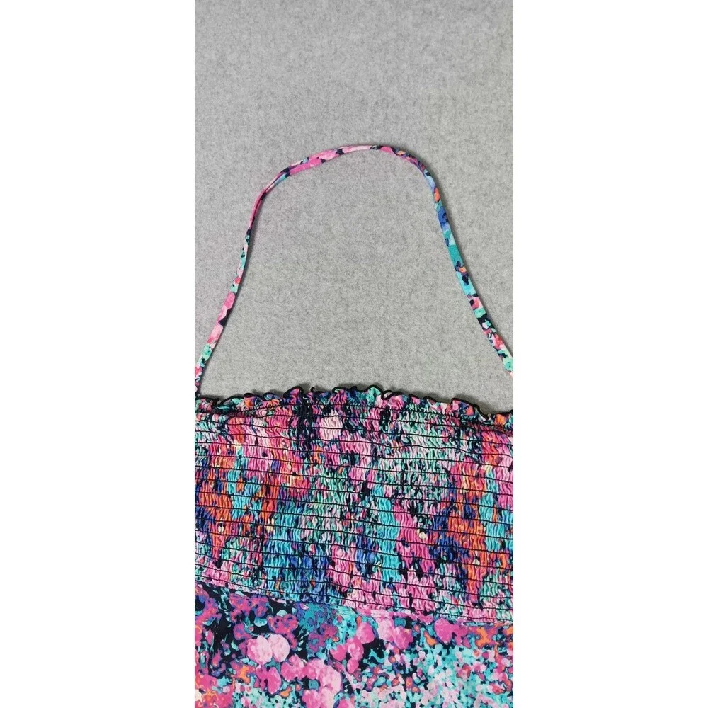 Kenneth Cole Reaction Bandeau Tankini Top L Watercolor Halter Smocked Swimsuit